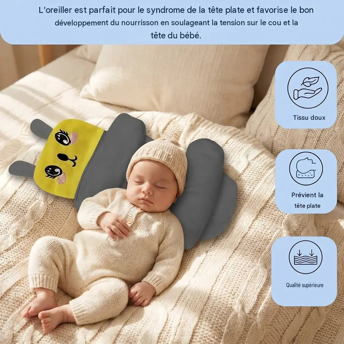 Oreiller pour bébé avec soutien pour la tête et le cou - Oreiller de couchage en coton doux pour une protection plate de la tête
